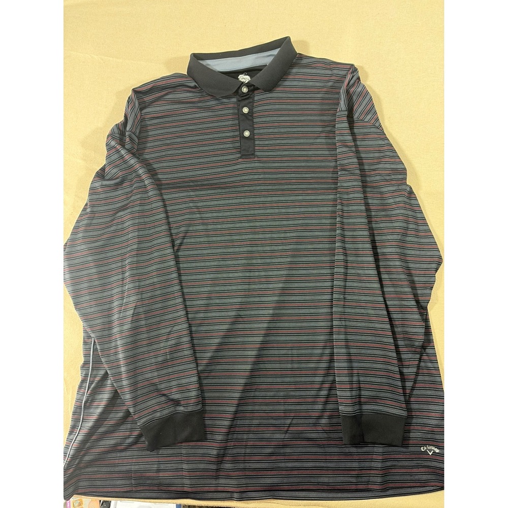 Callaway Mens Long Sleeve Striped Golf Polo‎ Shirt Black Grey Red Size 3XL